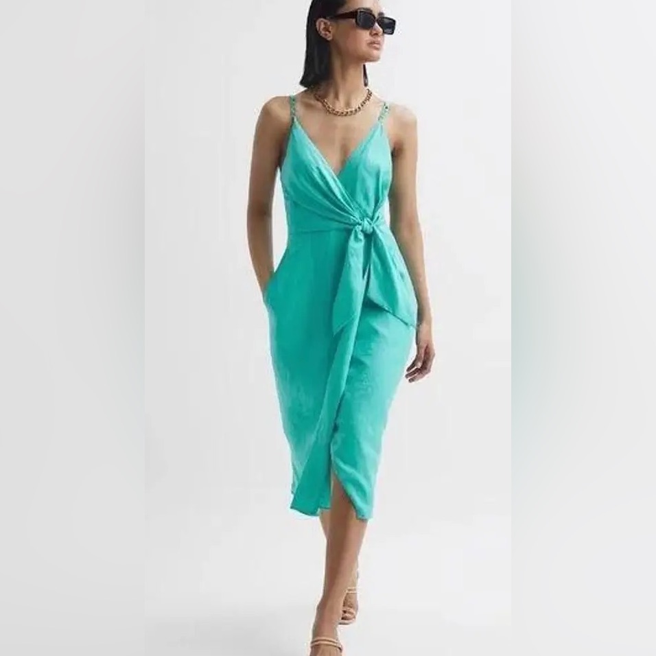 Reiss Esme Linen Side Tie Midi Dress Aqua Casual Classic Stylish Summer Size 10